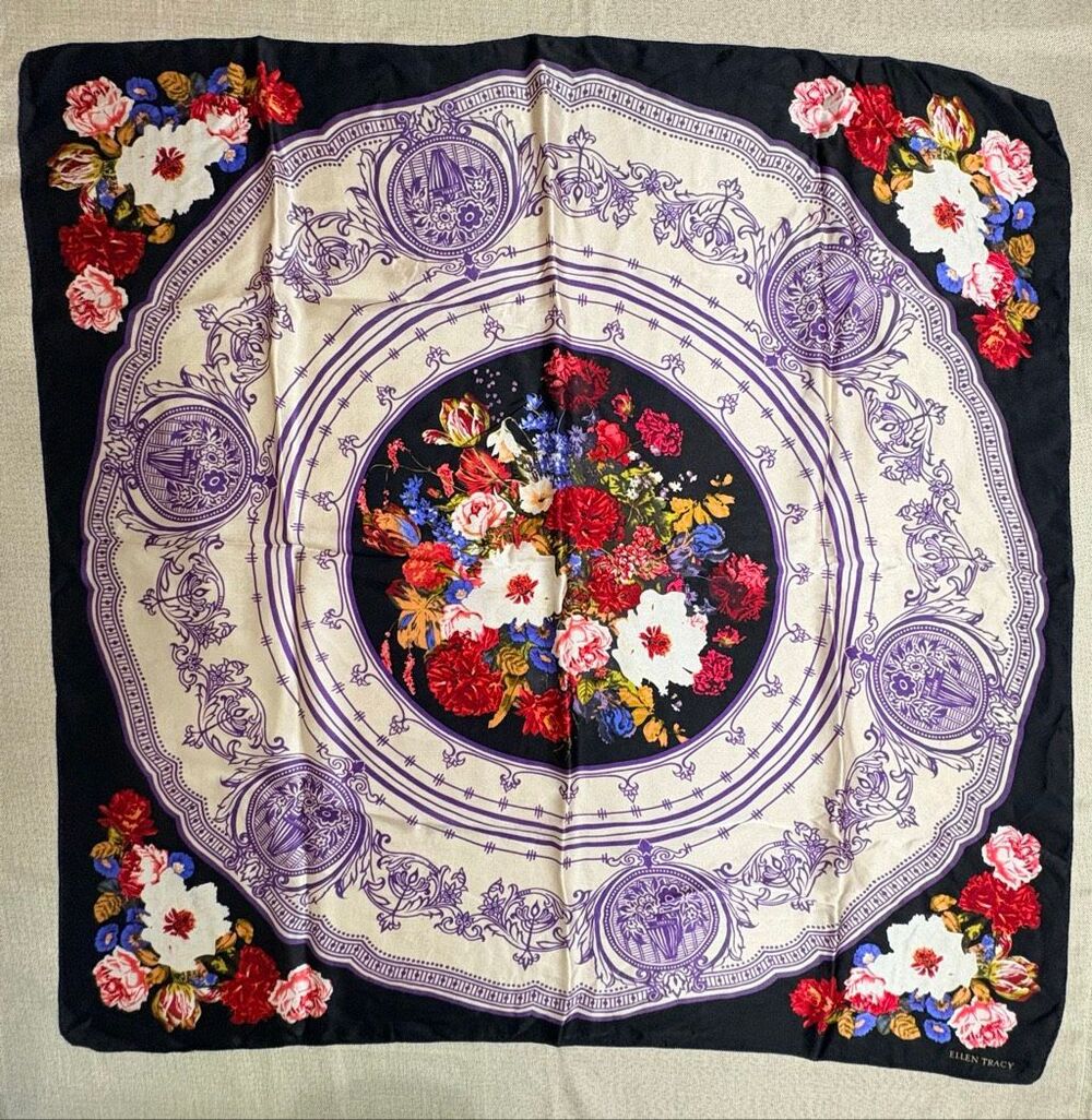 Ellen Tracy 100% Silk Scarf 35” Floral Baroque Black Purple Made Korea